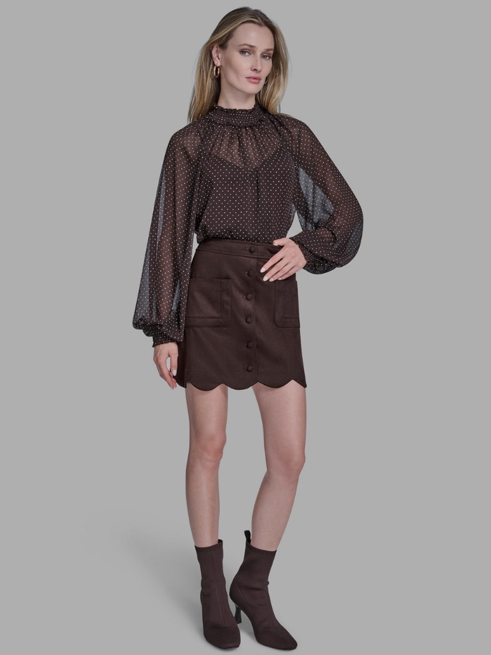 BCBG Dark Brown Scalloped Vegan Faux Suede Mini Skirt Y2K Boho Festival Preppy - Picture 4 of 11